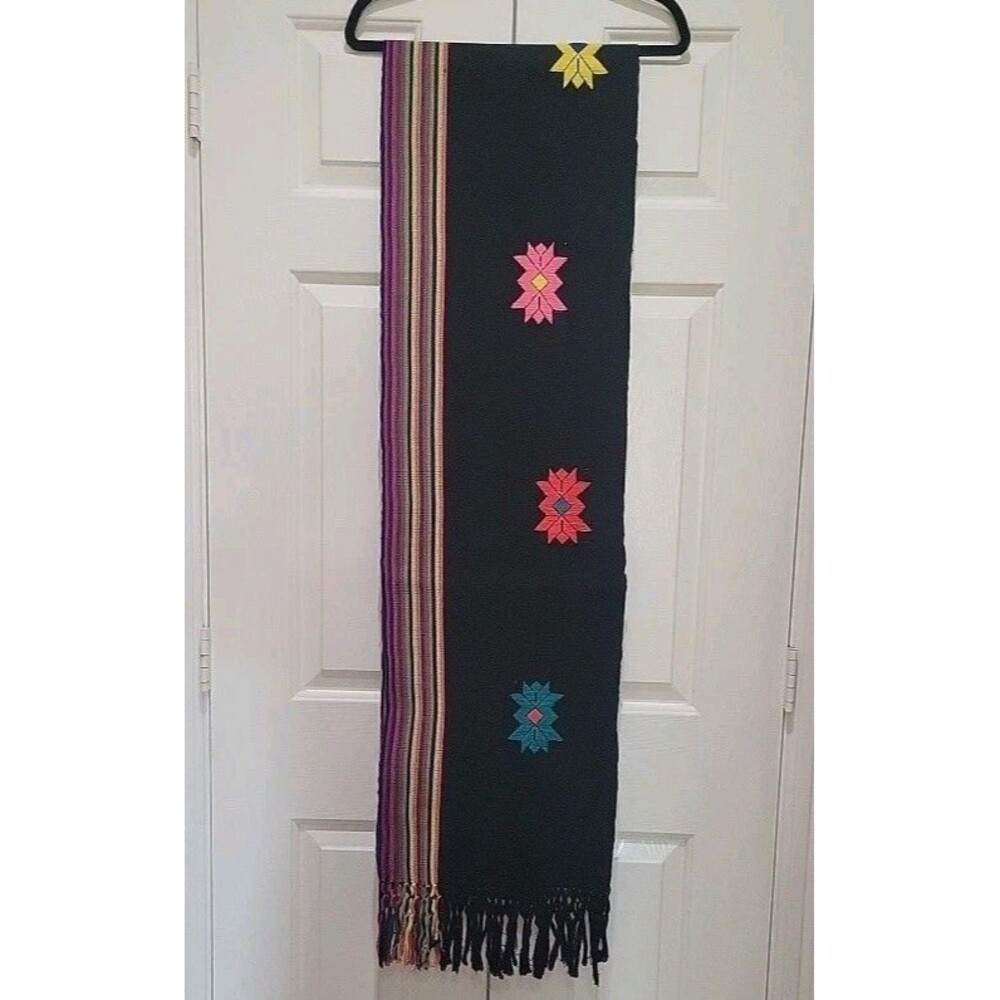 Vtg Guatemalan? Table Runner Handwoven Black Cotton Textile Fringe X-Long 98x13